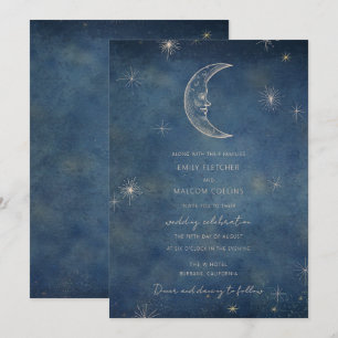 Invitation Mariage Bleu de Minuit Céleste Lune Étoiles