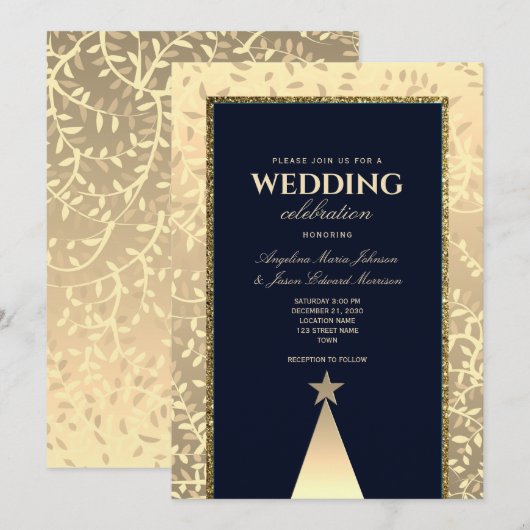 Invitation Mariage bleu de Noël Luxe Gold Marine (Devant / Derrière)
