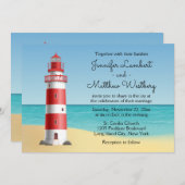 Invitation Mariage bleu de plage phare nautique (Devant / Derrière)