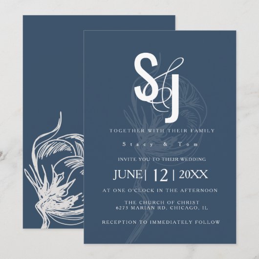 Invitation Mariage Bleu de Plante de Coton Botanique (Devant / Derrière)