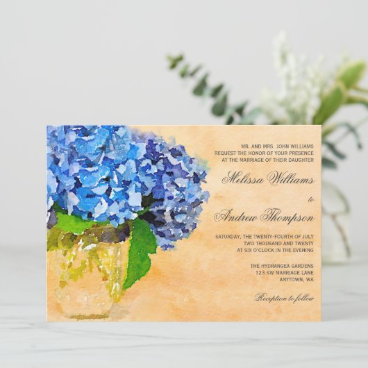 Invitation Mariage bleu de pot de maçon d'aquarelle (Debout devant)
