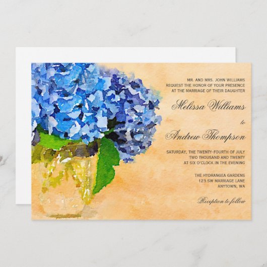 Invitation Mariage bleu de pot de maçon d'aquarelle (Devant / Derrière)
