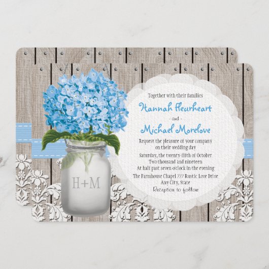 Invitation Mariage bleu décoré d'un monogramme d'hortensia de (Devant / Derrière)