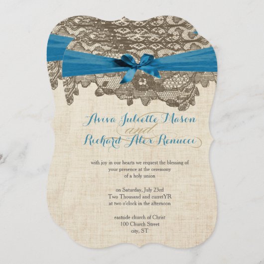 Invitation Mariage bleu dentelle rustique (Devant / Derrière)