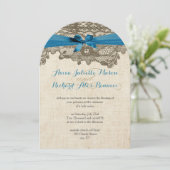 Invitation Mariage bleu dentelle rustique (Debout devant)