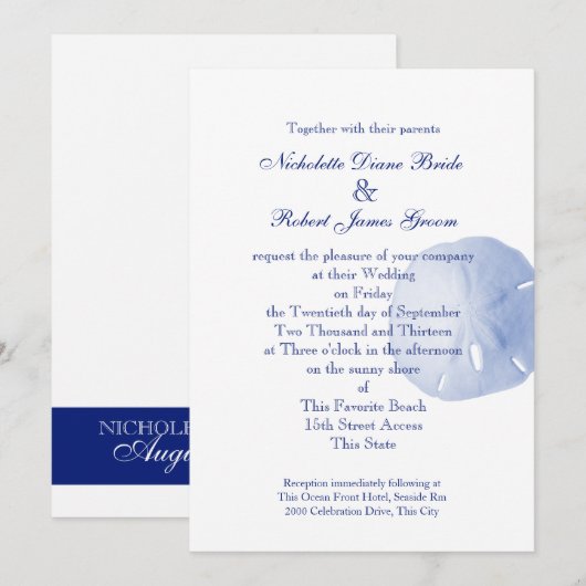 Invitation Mariage bleu Dollar de sable (Devant / Derrière)