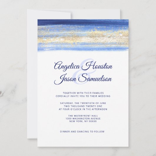 Invitation Mariage bleu d'or de marine d'aquarelle moderne (Devant)