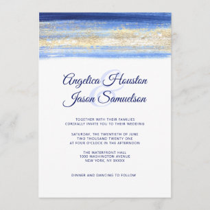 Invitation Mariage bleu d'or de marine d'aquarelle moderne