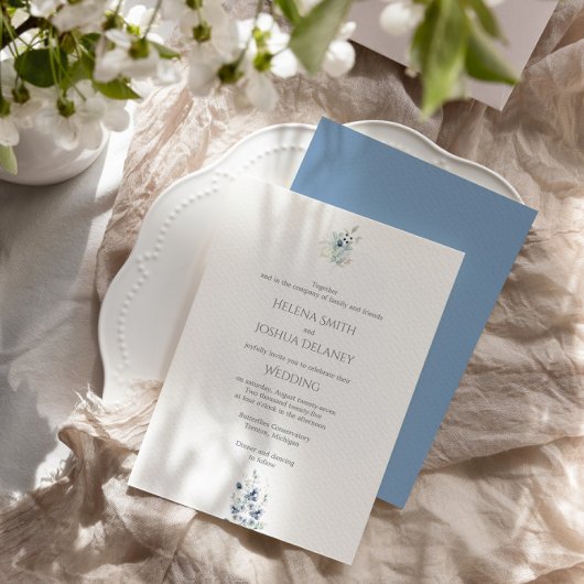 Invitation Mariage bleu Dusty | Conception botanique minimale
