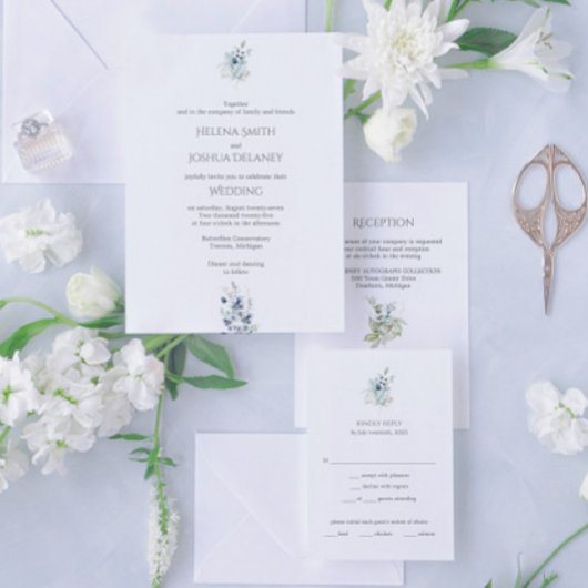 Invitation Mariage bleu Dusty | Conception botanique minimale
