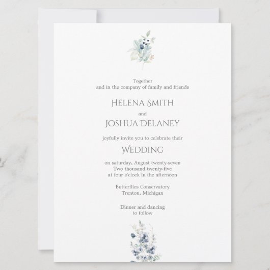 Invitation Mariage bleu Dusty | Conception botanique minimale (Devant)