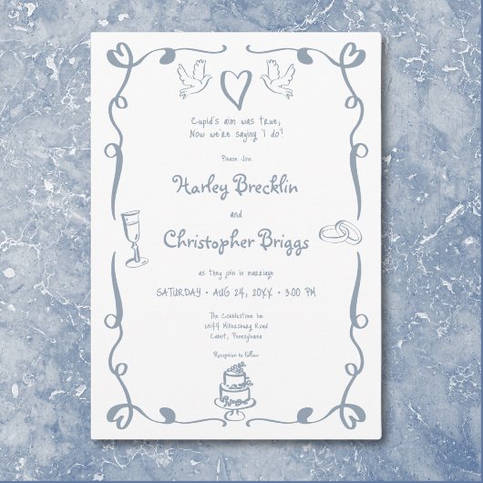 Invitation Mariage bleu Dusty dessiné main rétro Whimsical