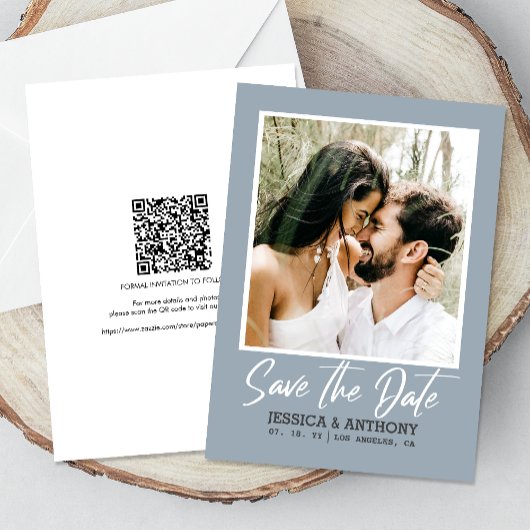 Invitation Mariage bleu Dusty moderne | Code QR Enregistrer l