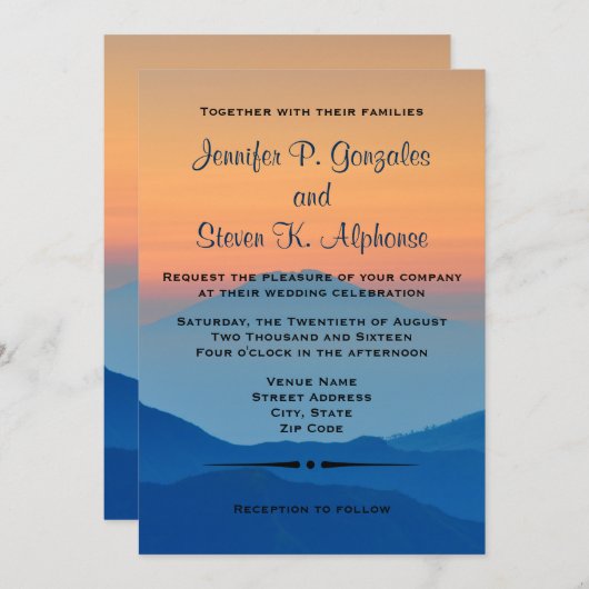 Invitation Mariage bleu en poudre de Sunset Mountain (Devant / Derrière)