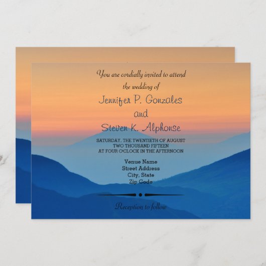 Invitation Mariage bleu en poudre de Sunset Mountain (Devant / Derrière)