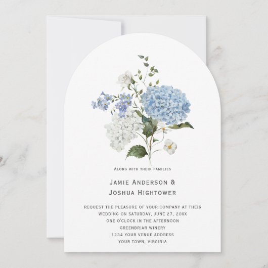Invitation Mariage bleu et blanc Hydrangea Rose blanche (Devant)