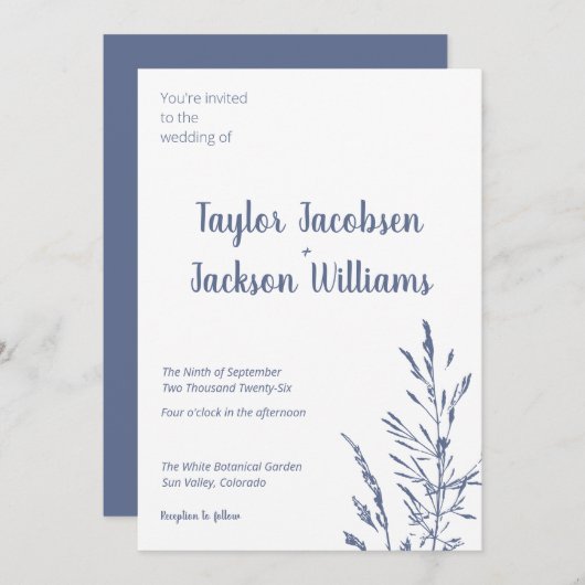 Invitation Mariage bleu et blanc minimaliste (Devant / Derrière)