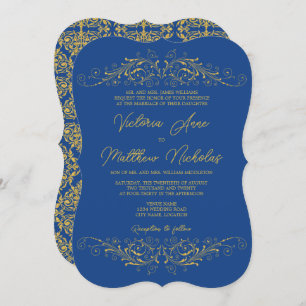 Invitation Mariage Bleu et Faux Gold Flourish Damask