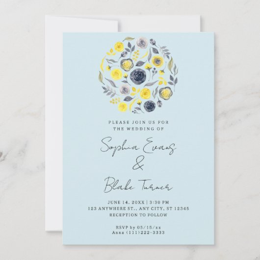 Invitation Mariage bleu et jaune Abstrait (Devant)