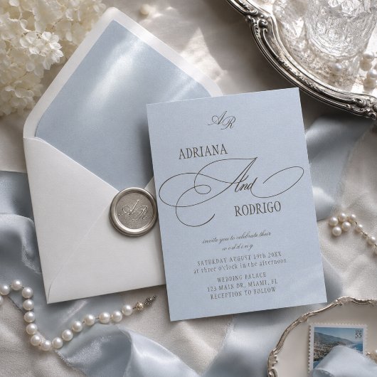 Invitation Mariage bleu et marron Monogram