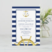 Invitation Mariage bleu et or classique de la marine nautique (Debout devant)