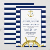 Invitation Mariage bleu et or classique de la marine nautique (Devant / Derrière)