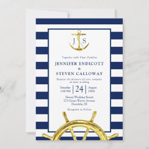 Invitation Mariage bleu et or classique de la marine nautique