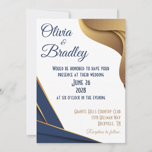 Invitation Mariage bleu et or de la marine (Devant)