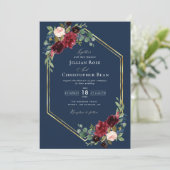 Invitation mariage bleu et or de la marine bordeaux géométriq (Debout devant)