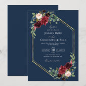 Invitation mariage bleu et or de la marine bordeaux géométriq (Devant / Derrière)