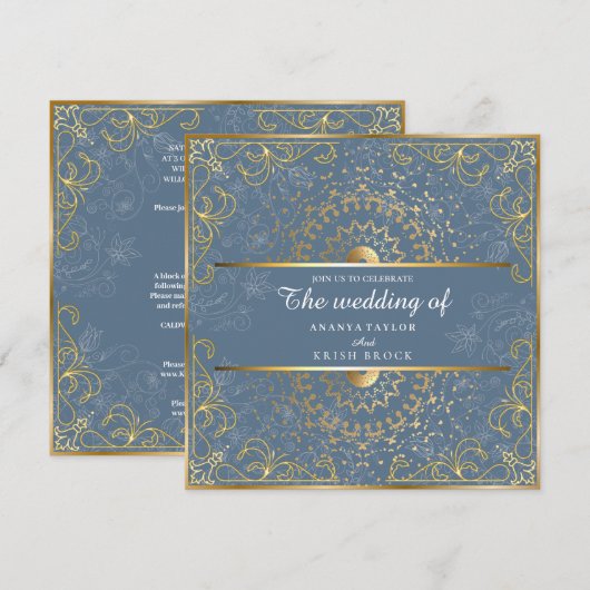 Invitation Mariage bleu et or éblouissant (Devant / Derrière)