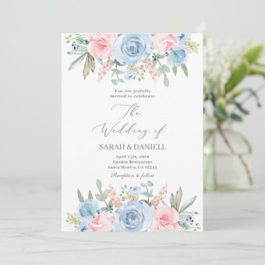 Invitation Mariage bleu et rose (Debout devant)