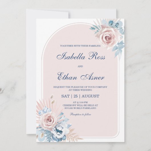 Invitation Mariage bleu et rose pâle (Devant)