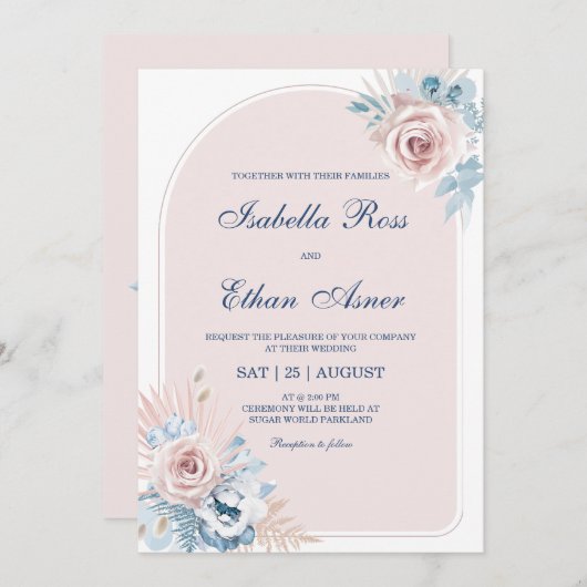 Invitation Mariage bleu et rose pâle (Devant / Derrière)