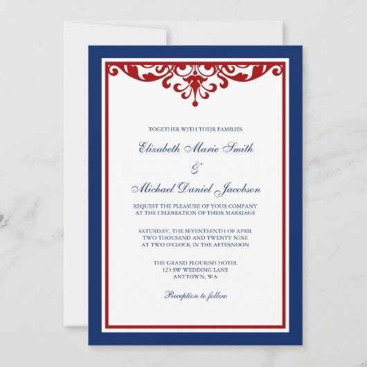 Invitation Mariage bleu et rouge marine (Devant)