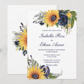 Invitation Mariage bleu et tournesol de la Marine (Devant / Derrière)