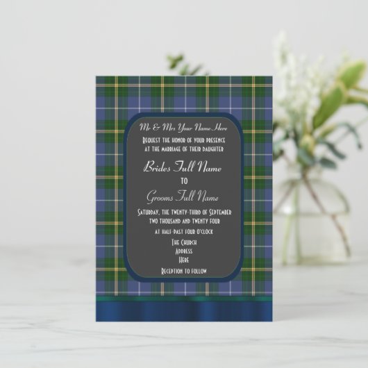 Invitation Mariage bleu et vert tartan plaid (Debout devant)