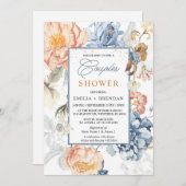 Invitation Mariage bleu floral brun (Devant / Derrière)