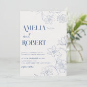Invitation Mariage bleu floral et botanique minimaliste (Debout devant)