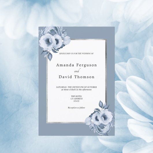 Invitation Mariage bleu foncé argent couleur eau