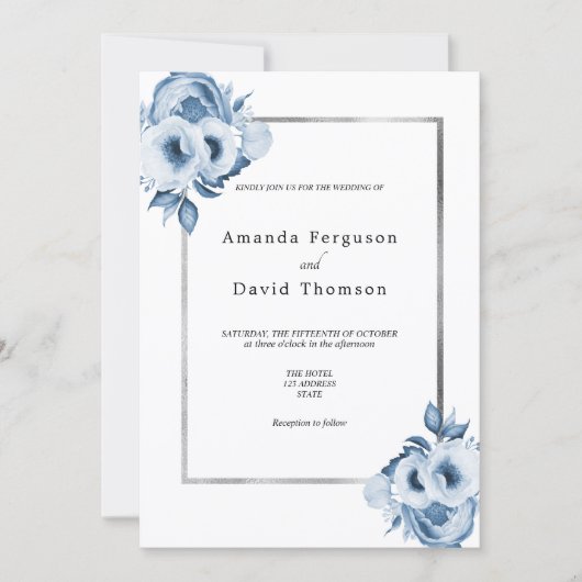 Invitation Mariage bleu foncé argent couleur eau (Devant)
