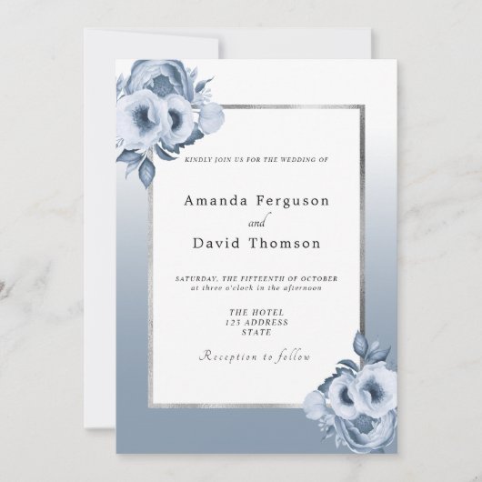 Invitation Mariage bleu foncé argent couleur eau (Devant)