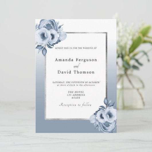 Invitation Mariage bleu foncé argent couleur eau (Debout devant)