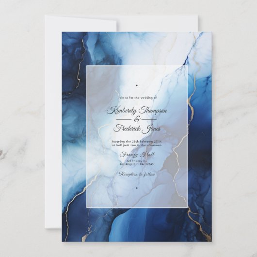 Invitation Mariage bleu foncé, argent et encre blanche (Devant)