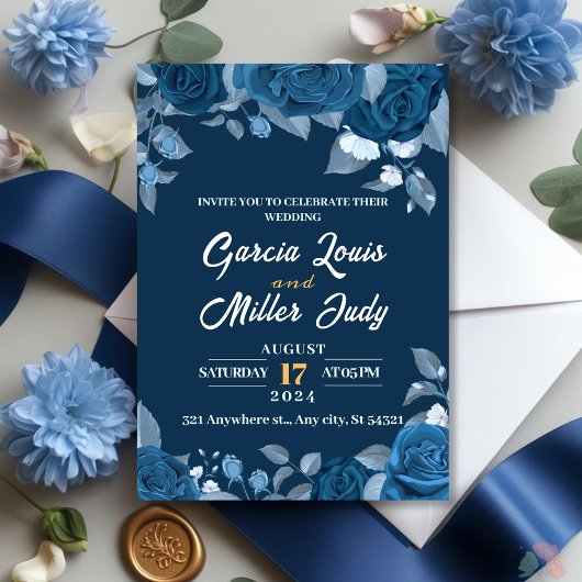Invitation Mariage bleu foncé avec élégants roses bleus