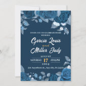 Invitation Mariage bleu foncé avec élégants roses bleus (Devant)