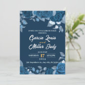 Invitation Mariage bleu foncé avec élégants roses bleus (Debout devant)