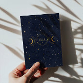 Invitation Mariage bleu foncé de lune d'or céleste mystique