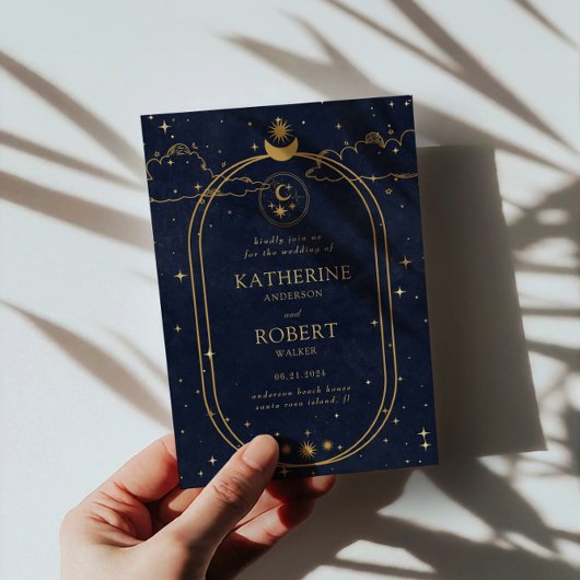 Invitation Mariage bleu foncé de lune d'or céleste mystique