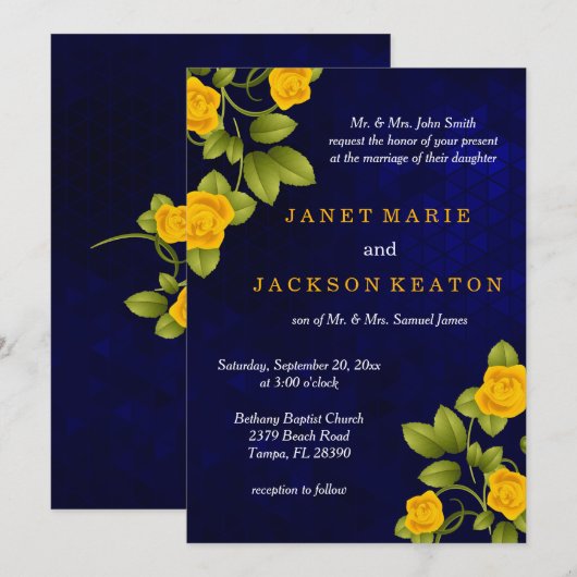 Invitation Mariage bleu foncé et marigold jaune rose (Devant / Derrière)